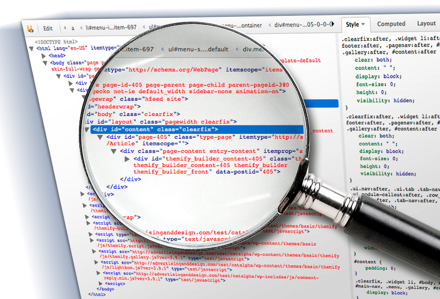 Graphic depicting a magnifing glass examining web page code