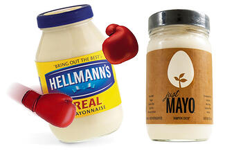 Mayo jars representing different brands are fighting