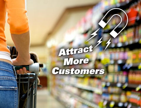 Woman pusing shopping cart in grocery store with a graphic element over the image